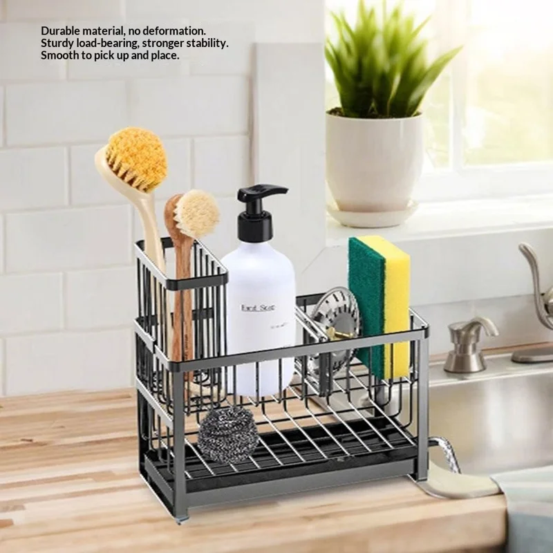 Dual Layer Sink Organizer for Sponges Brushes Soap Dispensers Carbon Steel Draining Rack with Detachable Brush Holder
