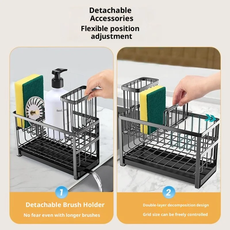 Dual Layer Sink Organizer for Sponges Brushes Soap Dispensers Carbon Steel Draining Rack with Detachable Brush Holder