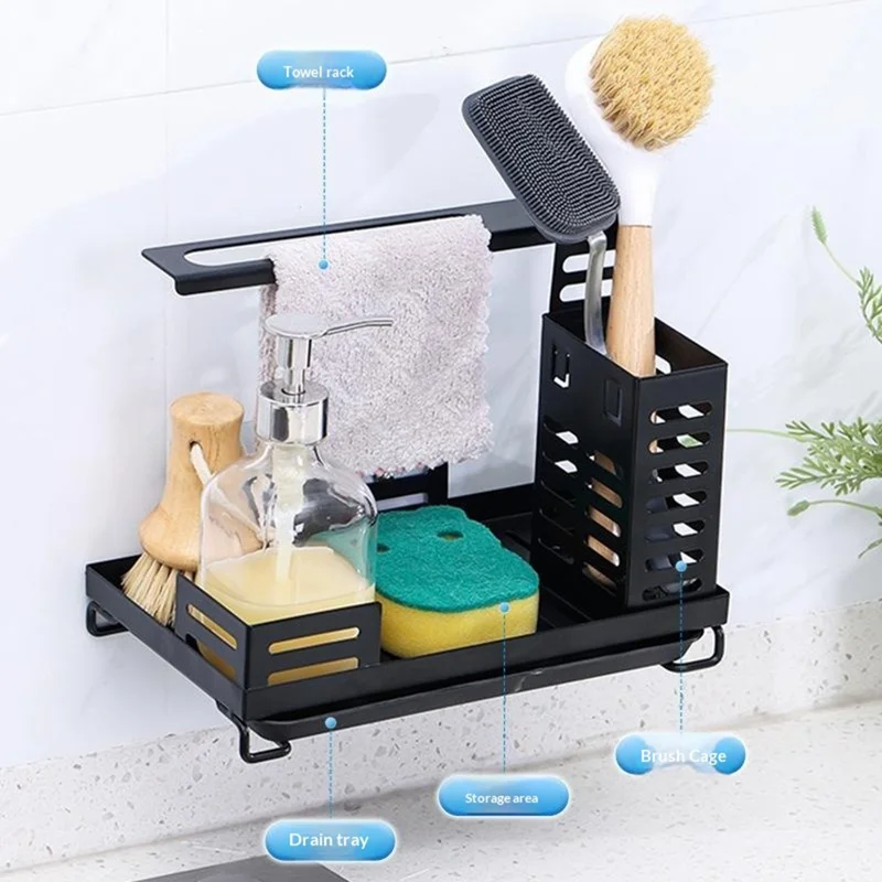 Sink Caddy Organizer for Kitchen Soap Dispenser Holder No Drilling Wall Mounted Sponge Drain Rack