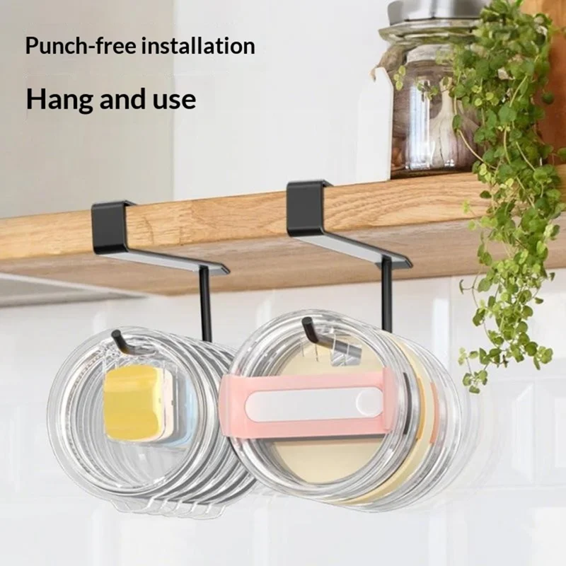 2Pcs Small Cup Lid Storage Rack Drill-Free Cabinet Organizer Carbon Steel Hanging Rack High Load-Bearing Capacity - Black