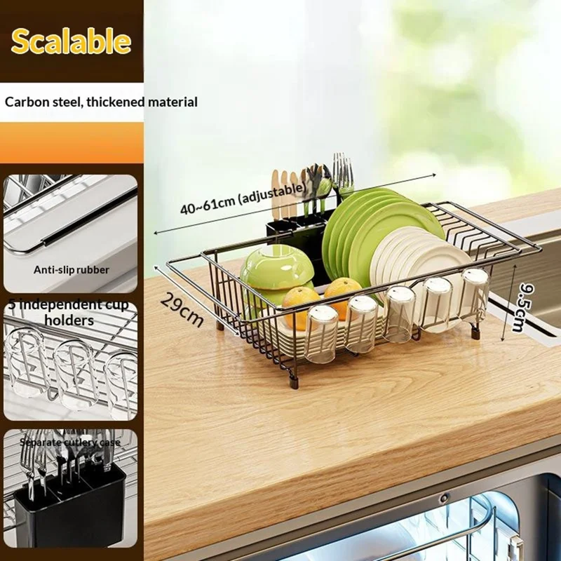Carbon Steel 5-Cup Holder Retractable Sink Dish Organizer Countertop Dish Drying Rack Large Capacity for Bowls Plates Forks - Black