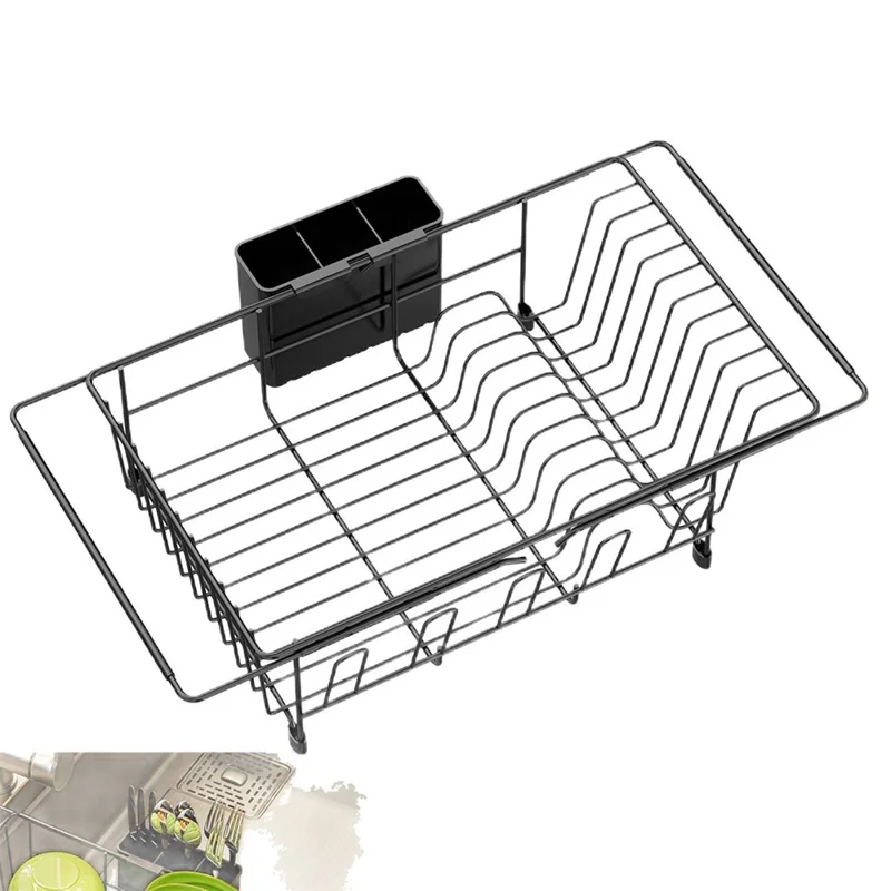 Carbon Steel 5-Cup Holder Retractable Sink Dish Organizer Countertop Dish Drying Rack Large Capacity for Bowls Plates Forks - Black