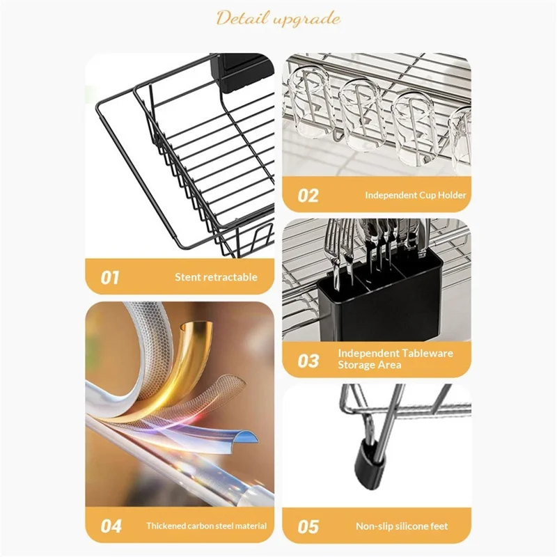 Carbon Steel 5-Cup Holder Retractable Sink Dish Organizer Countertop Dish Drying Rack Large Capacity for Bowls Plates Forks - Black