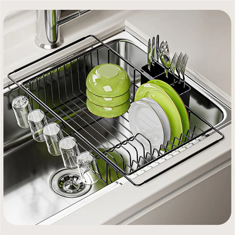 Carbon Steel 5-Cup Holder Retractable Sink Dish Organizer Countertop Dish Drying Rack Large Capacity for Bowls Plates Forks - Black