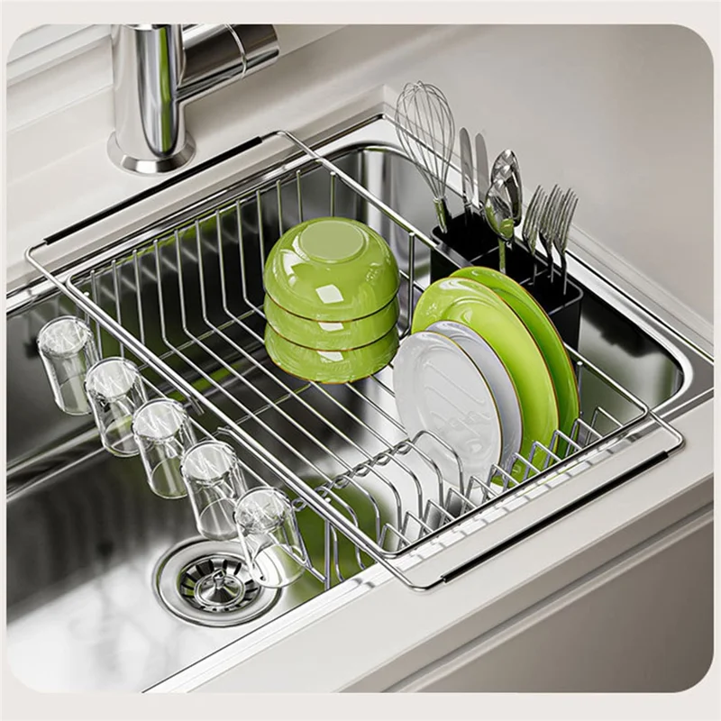 Carbon Steel 5-Cup Holder Retractable Sink Dish Organizer Countertop Dish Drying Rack Large Capacity for Bowls Plates Forks - Black