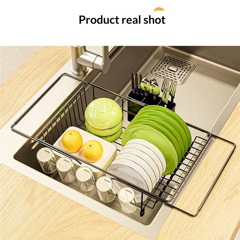 Carbon Steel 5-Cup Holder Retractable Sink Dish Organizer Countertop Dish Drying Rack Large Capacity for Bowls Plates Forks - Black