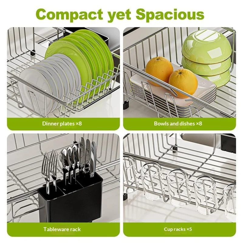 Carbon Steel 5-Cup Holder Retractable Sink Dish Organizer Countertop Dish Drying Rack Large Capacity for Bowls Plates Forks - Black