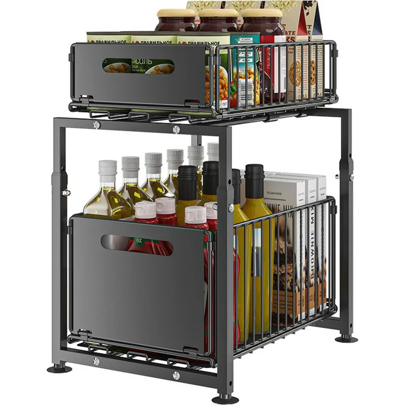 5-Level Height Adjustable Kitchen Pull-Out Storage Rack Double Layer Foldable Cabinet Organizer Sink Cabinet Storage Basket - Black