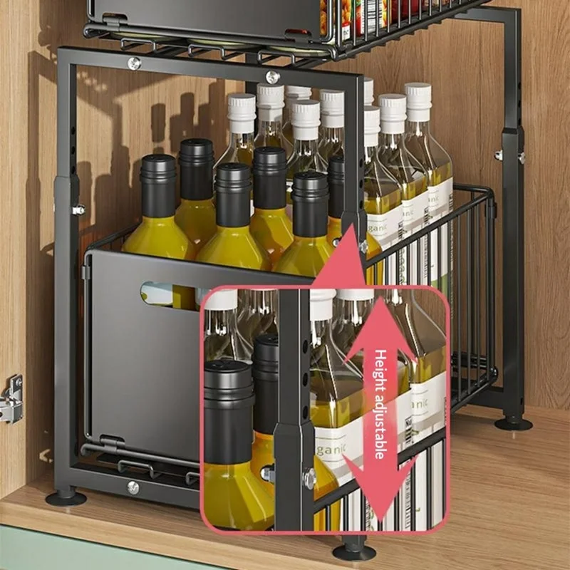 5-Level Height Adjustable Kitchen Pull-Out Storage Rack Double Layer Foldable Cabinet Organizer Sink Cabinet Storage Basket - Black
