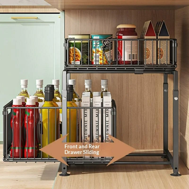 5-Level Height Adjustable Kitchen Pull-Out Storage Rack Double Layer Foldable Cabinet Organizer Sink Cabinet Storage Basket - Black