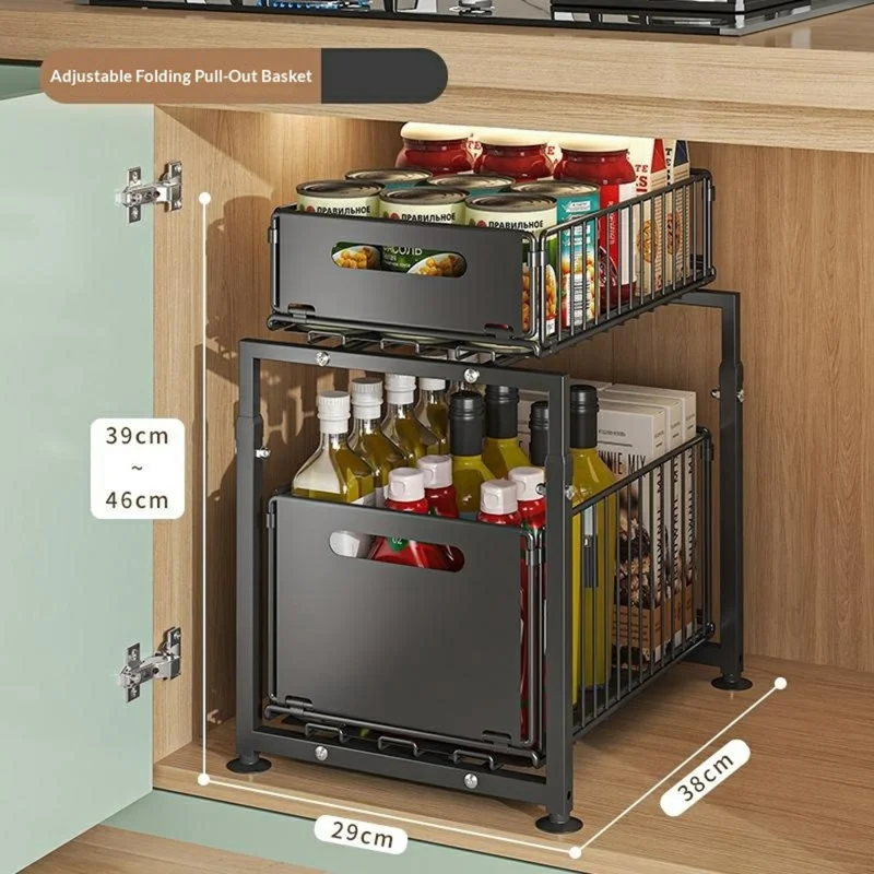 5-Level Height Adjustable Kitchen Pull-Out Storage Rack Double Layer Foldable Cabinet Organizer Sink Cabinet Storage Basket - Black