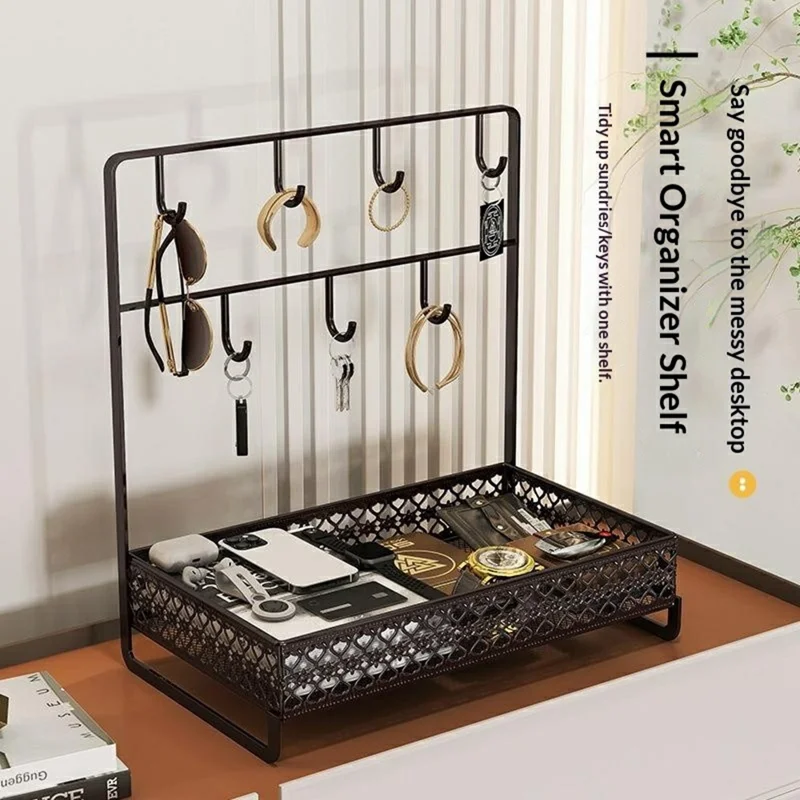 Scatola di Archiviazione da Scrivania in Acciaio al Carbonio, Organizzatore a Doppio Strato per Ingresso, Portachiavi Salvaspazio - Color Caffè