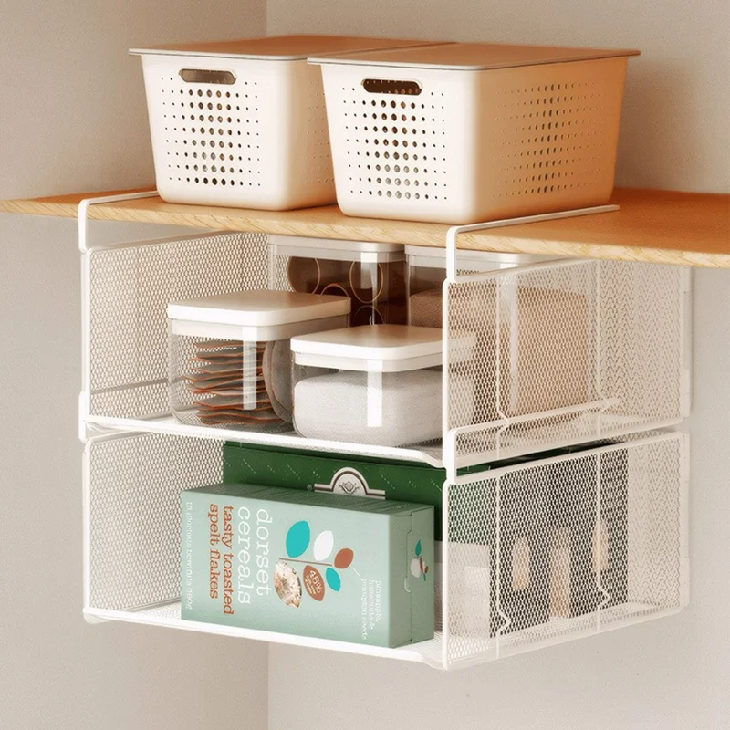 سلة تخزين واحدة تحت الخزانة، منظمة قابلة للطي بدون حفر، رف تخزين مكدس للمنزل أو الدولاب - أبيض