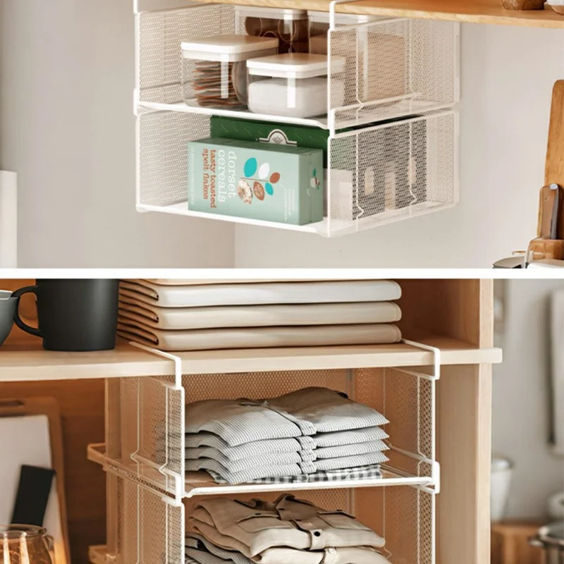 سلة تخزين واحدة تحت الخزانة، منظمة قابلة للطي بدون حفر، رف تخزين مكدس للمنزل أو الدولاب - أبيض