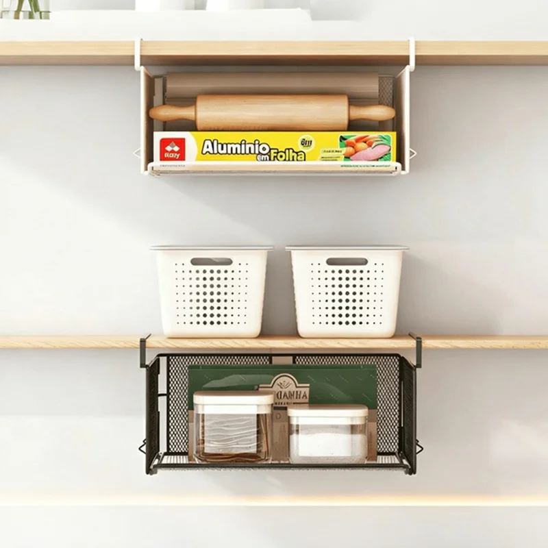 سلة تخزين واحدة تحت الخزانة، منظمة قابلة للطي بدون حفر، رف تخزين مكدس للمنزل أو الدولاب - أبيض