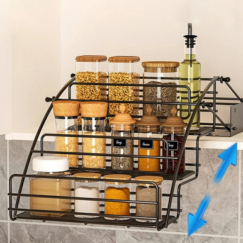 3-Tier Expandable Spice Rack Organizer Iron Kitchen Storage Shelf for Cabinet Countertop Pantry - Black