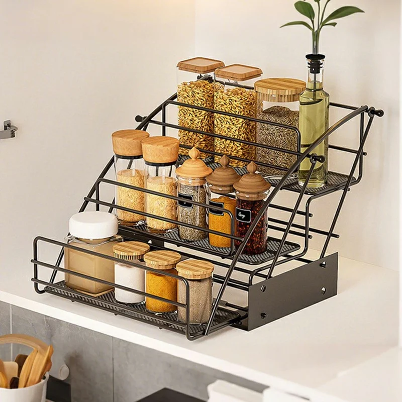 3-Tier Expandable Spice Rack Organizer Iron Kitchen Storage Shelf for Cabinet Countertop Pantry - Black