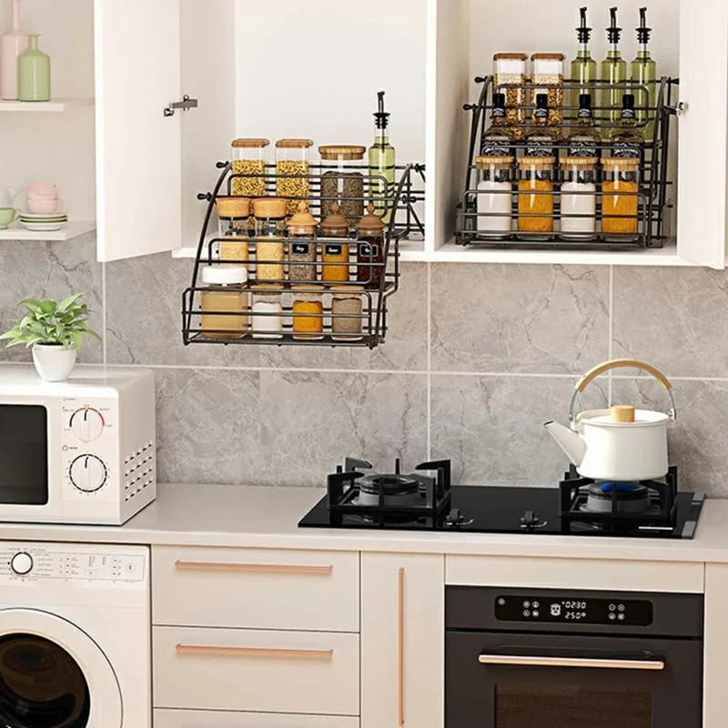 3-Tier Expandable Spice Rack Organizer Iron Kitchen Storage Shelf for Cabinet Countertop Pantry - Black