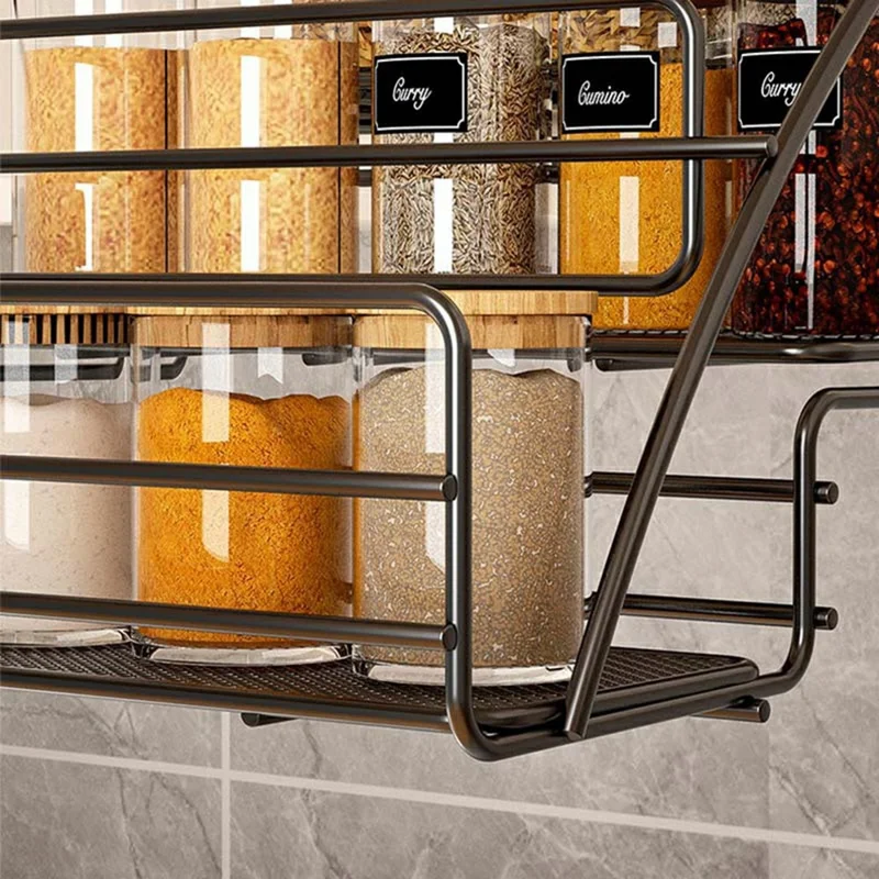 3-Tier Expandable Spice Rack Organizer Iron Kitchen Storage Shelf for Cabinet Countertop Pantry - Black