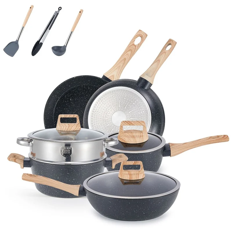 Conjunto de Utensílios de Cozinha Antiaderentes de Pedra Maifanite, 12 Peças, com Padaria em Padrão de Mármore, Frigideira, Panela de Sopa e Caçarola para Cozinha Doméstica - Preto