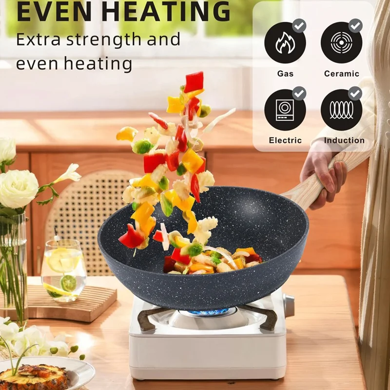 Conjunto de Utensílios de Cozinha Antiaderentes de Pedra Maifanite, 12 Peças, com Padaria em Padrão de Mármore, Frigideira, Panela de Sopa e Caçarola para Cozinha Doméstica - Preto