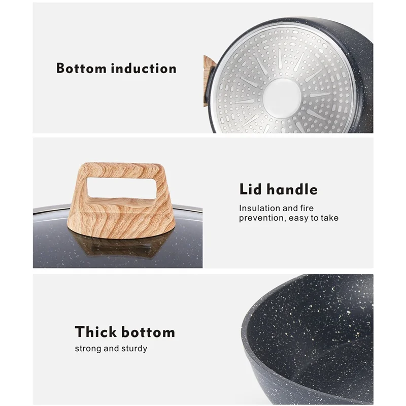 Conjunto de Utensílios de Cozinha Antiaderentes de Pedra Maifanite, 12 Peças, com Padaria em Padrão de Mármore, Frigideira, Panela de Sopa e Caçarola para Cozinha Doméstica - Preto