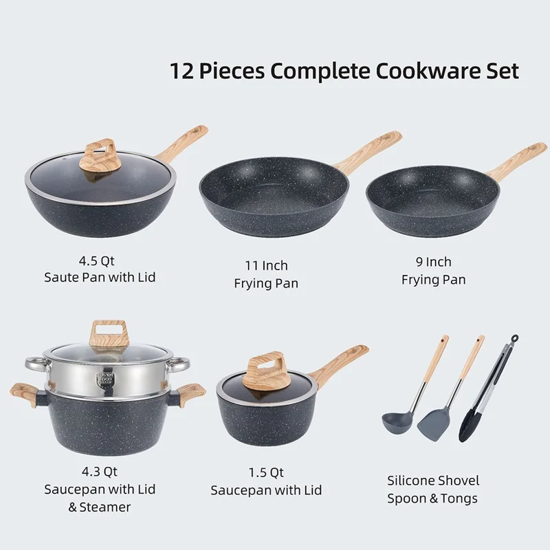 Conjunto de Utensílios de Cozinha Antiaderentes de Pedra Maifanite, 12 Peças, com Padaria em Padrão de Mármore, Frigideira, Panela de Sopa e Caçarola para Cozinha Doméstica - Preto