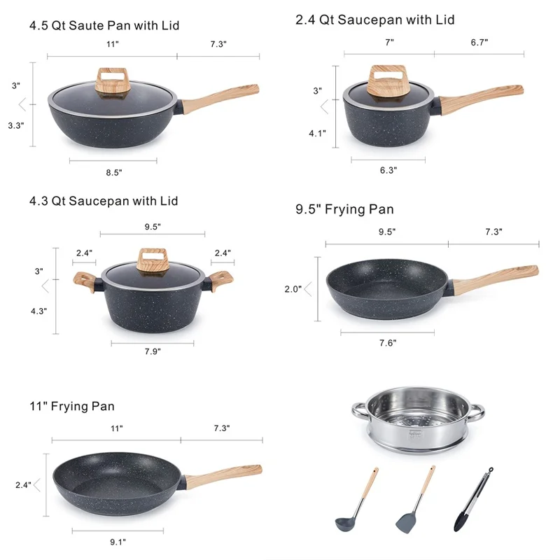 Conjunto de Utensílios de Cozinha Antiaderentes de Pedra Maifanite, 12 Peças, com Padaria em Padrão de Mármore, Frigideira, Panela de Sopa e Caçarola para Cozinha Doméstica - Preto