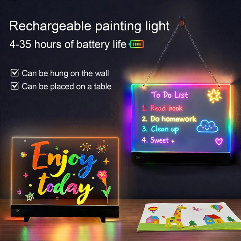 Tablette de dessin LED F12 20 x 30 cm pour enfants, tableau à griffonner en acrylique avec intensité réglable, livrée avec 7 stylos de couleur