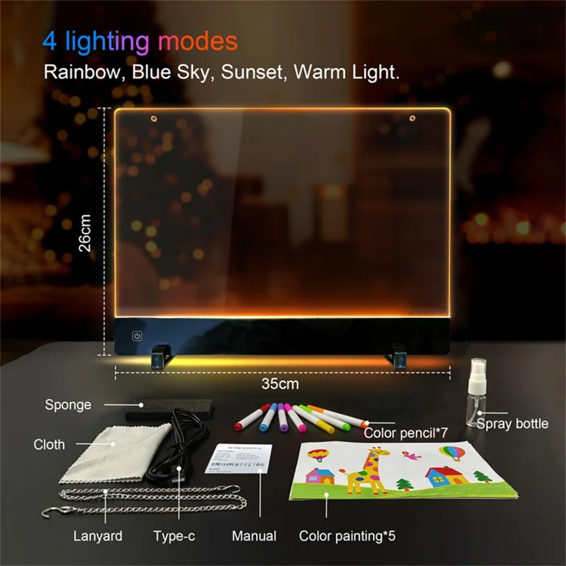 F12 26 x 35cm DIY LED Drawing Board for Children Dimmable Light Up Acrylic Doodle Tablet with 7 Color Pens