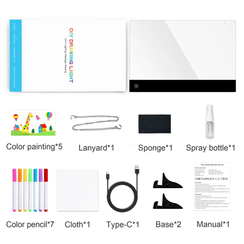 F12 26 x 35cm DIY LED Drawing Board for Children Dimmable Light Up Acrylic Doodle Tablet with 7 Color Pens
