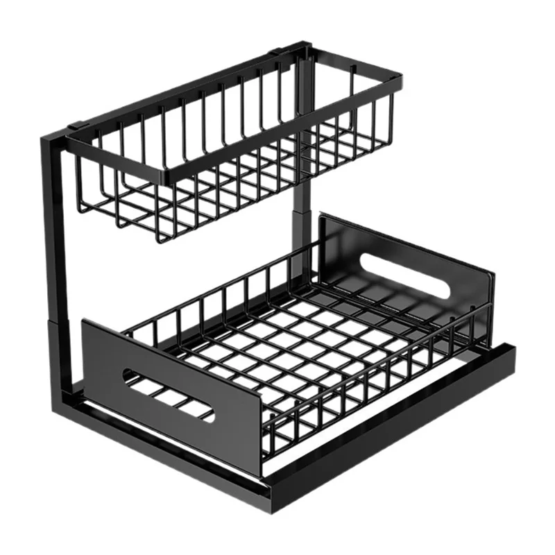 Under Sink Organizer 2-Tier Drawer Storage Rack Kitchen Counter Shelf Spice Holder Pull Out Basket for Cabinet - Black