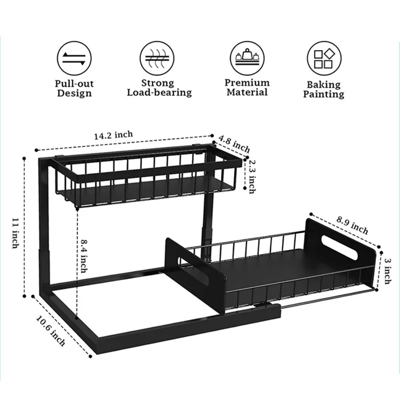 Under Sink Organizer 2-Tier Drawer Storage Rack Kitchen Counter Shelf Spice Holder Pull Out Basket for Cabinet - Black