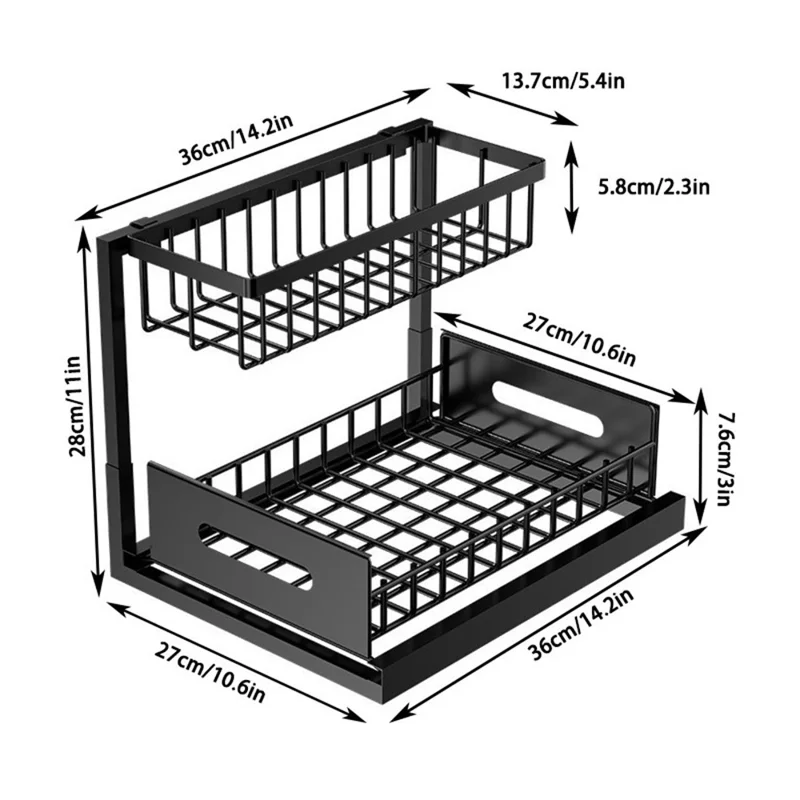 Under Sink Organizer 2-Tier Drawer Storage Rack Kitchen Counter Shelf Spice Holder Pull Out Basket for Cabinet - Black