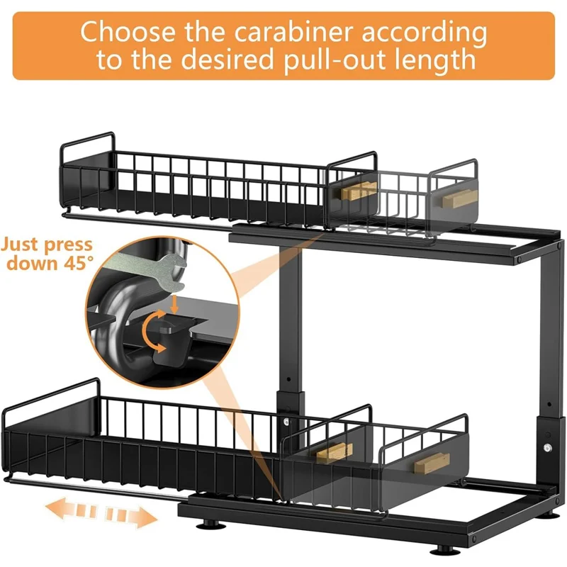 Verstellbarer zweilagiger Küchenspülenschrank-Organizer mit Ausziehfach, Ablage für Gewürze unter dem Waschbecken - Schwarz