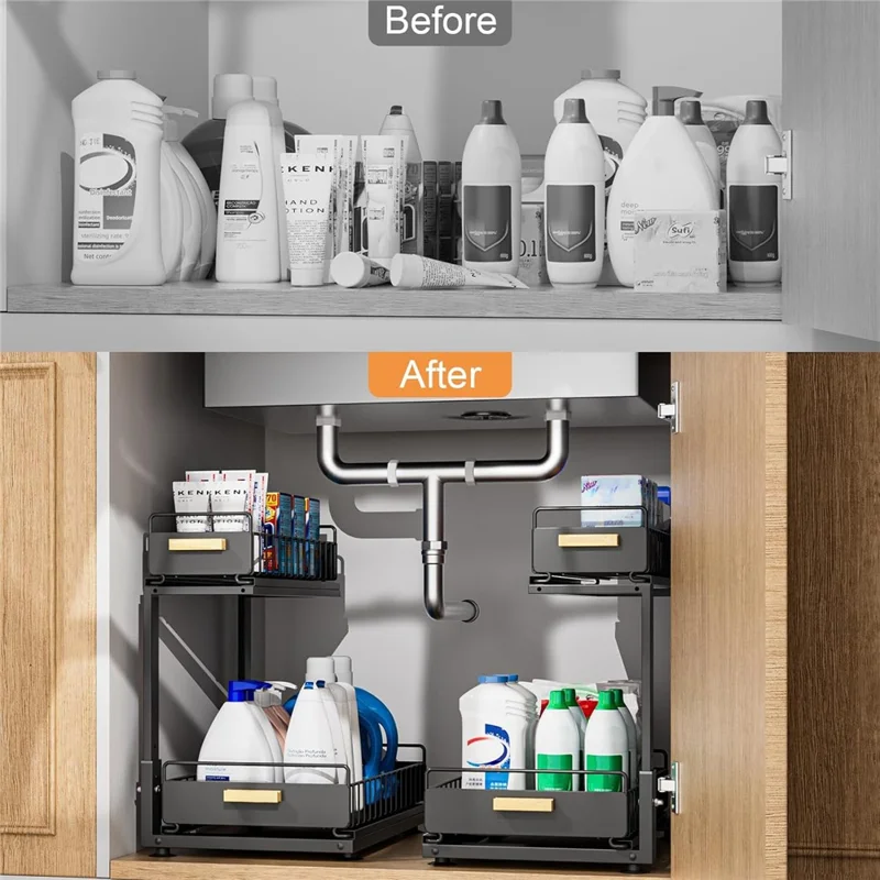 Verstellbarer zweilagiger Küchenspülenschrank-Organizer mit Ausziehfach, Ablage für Gewürze unter dem Waschbecken - Schwarz