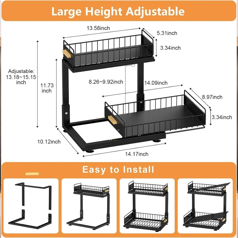 Verstellbarer zweilagiger Küchenspülenschrank-Organizer mit Ausziehfach, Ablage für Gewürze unter dem Waschbecken - Schwarz
