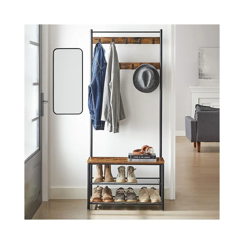 Multifunktionale Garderobe mit Schubank, 9 Haken, Kohlenstoffstahl, Flurhelfer, Ablagefläche