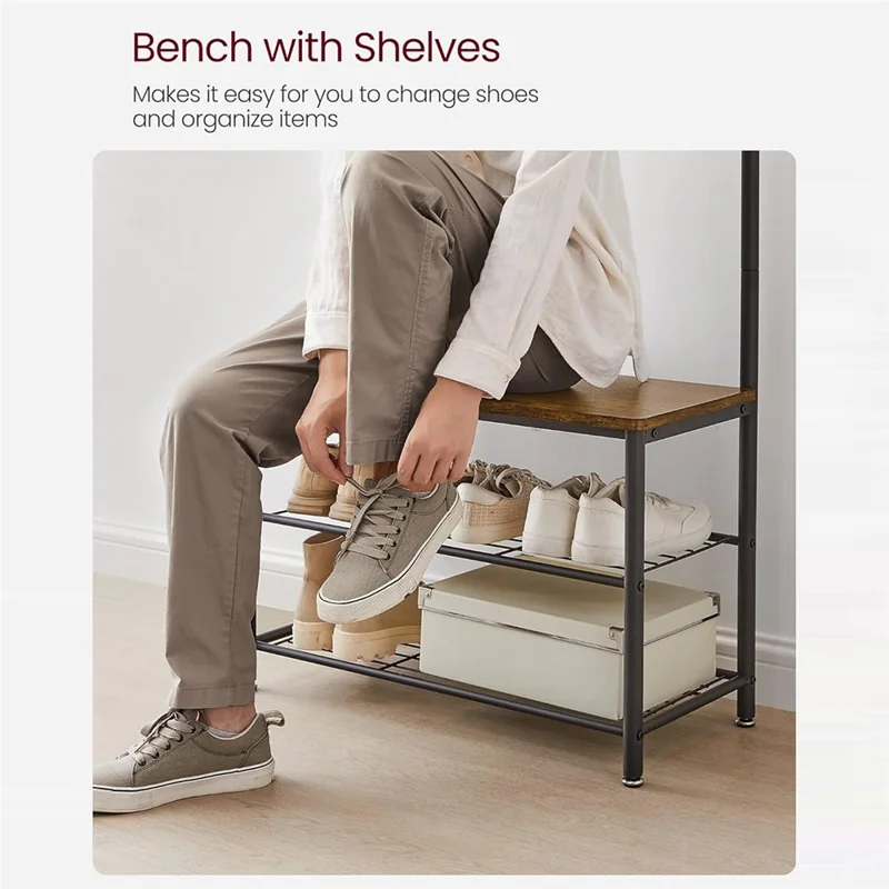 Multifunktionale Garderobe mit Schubank, 9 Haken, Kohlenstoffstahl, Flurhelfer, Ablagefläche