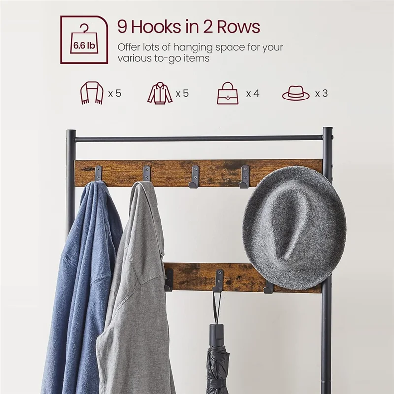 Multifunktionale Garderobe mit Schubank, 9 Haken, Kohlenstoffstahl, Flurhelfer, Ablagefläche