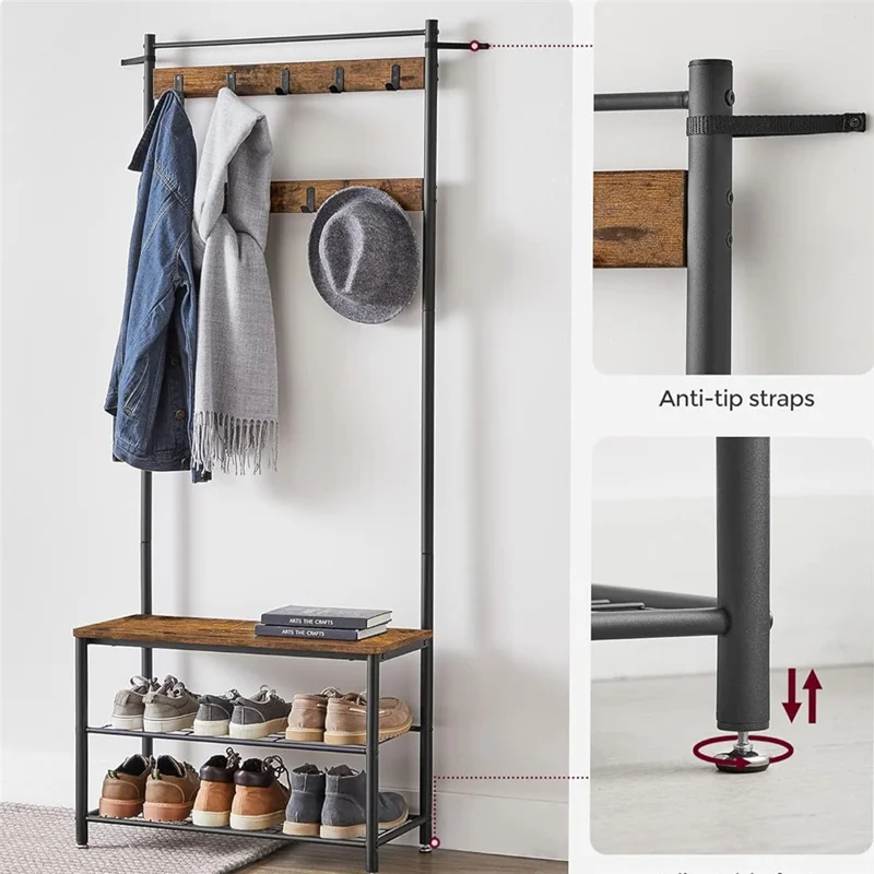 Multifunktionale Garderobe mit Schubank, 9 Haken, Kohlenstoffstahl, Flurhelfer, Ablagefläche