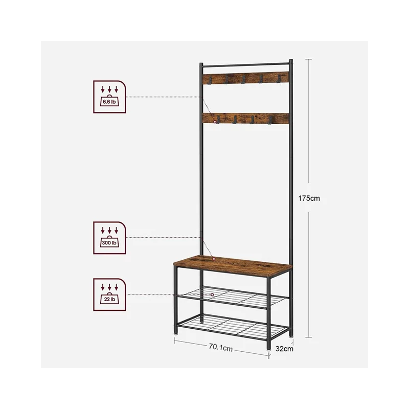 Multifunktionale Garderobe mit Schubank, 9 Haken, Kohlenstoffstahl, Flurhelfer, Ablagefläche