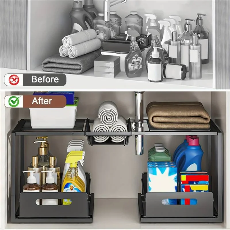 Range de cuisine à deux niveaux, organisateur extensible, panier de rangement anti-rouille - Noir / Modèle A