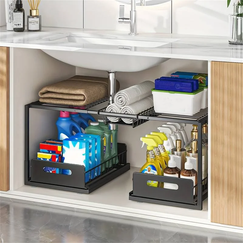Range de cuisine à deux niveaux, organisateur extensible, panier de rangement anti-rouille - Noir / Modèle A