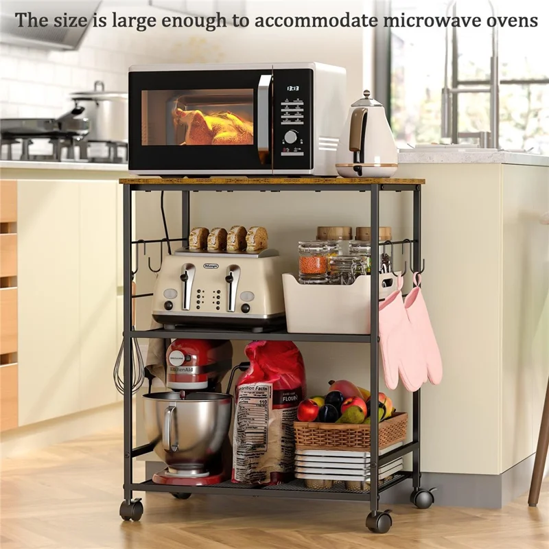 Carbon Steel Kitchen Cart Storage Rack Multi-Layer Organizer Microwave Oven Shelf with 360° Swivel Wheels - Black