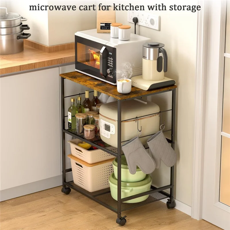 Carbon Steel Kitchen Cart Storage Rack Multi-Layer Organizer Microwave Oven Shelf with 360° Swivel Wheels - Black