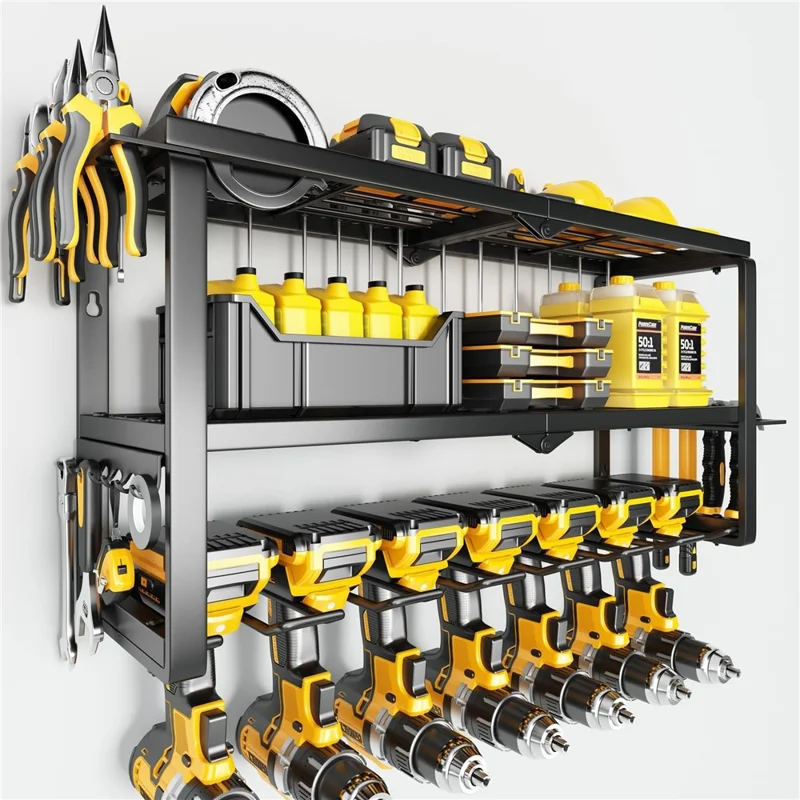 Heavy Duty Power Tool Organizer Wall Mount Storage Rack 3-Tier 7-Slot Tool Holder Shelf, Foldable Version