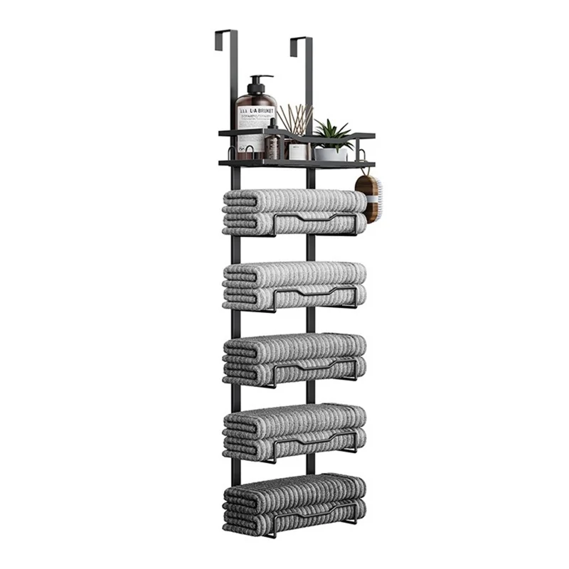 Porte-serviettes suspendu 6 étages en fer, organisateur de salle de bain, support de rangement mural pour serviettes de bain / gants de toilette - Noir