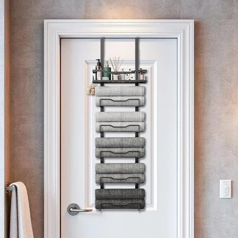 Porte-serviettes suspendu 6 étages en fer, organisateur de salle de bain, support de rangement mural pour serviettes de bain / gants de toilette - Noir