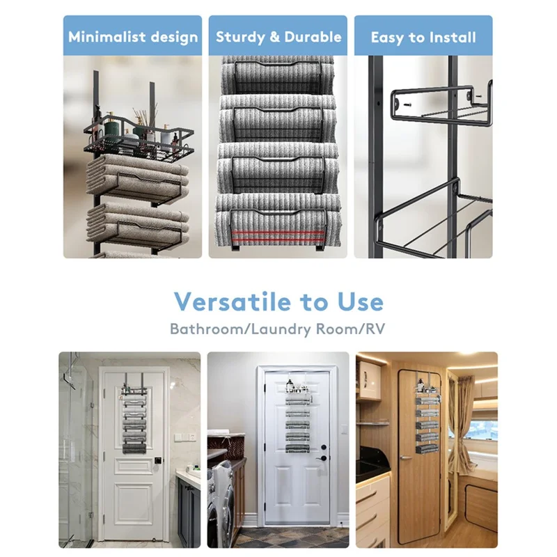 Porte-serviettes suspendu 6 étages en fer, organisateur de salle de bain, support de rangement mural pour serviettes de bain / gants de toilette - Noir